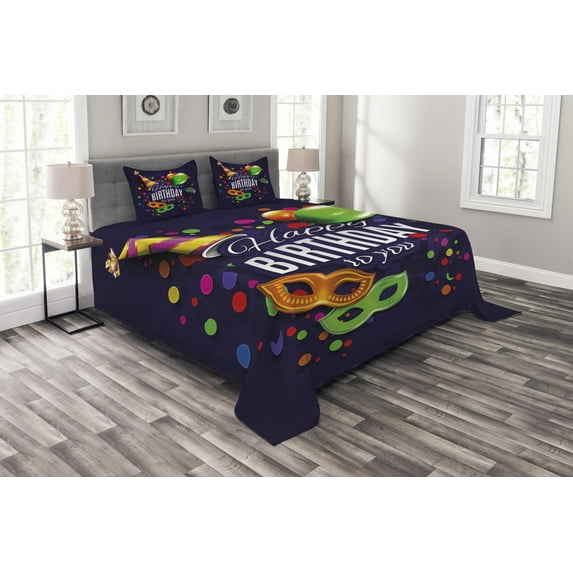 Ambesonne Indigo Quilted Bedspread Set 3 Pcs, Balloons Ribbons s, King Size, Multicolor