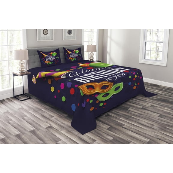 Ambesonne Indigo Quilted Bedspread Set 3 Pcs, Balloons Ribbons s, King Size, Multicolor