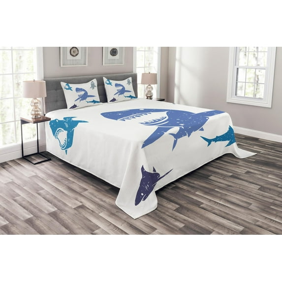 Ambesonne Indigo Quilted Bedspread Set 3 Pcs, Grunge Sharks Wildlife, Queen Size, Royal Blue