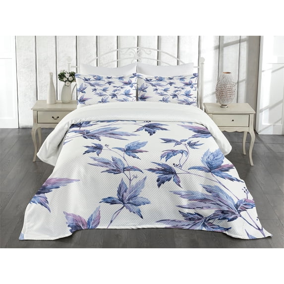 Ambesonne Indigo Quilted Bedspread Set 3 Pcs, Watercolored Tree Leaves, King Size, Dark Blue Purple