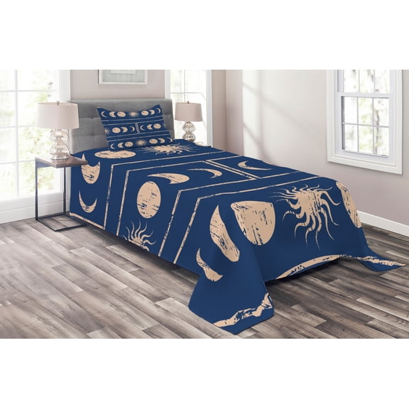 Ambesonne Indigo Quilted Coverlet 2 Pcs, Sun Moon Astrology, Twin Size, Violet Blue Beige