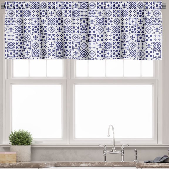 Ambesonne Indigo Valance Pack of 2, Tile Square Abstract Pattern, 54"X12", Indigo White