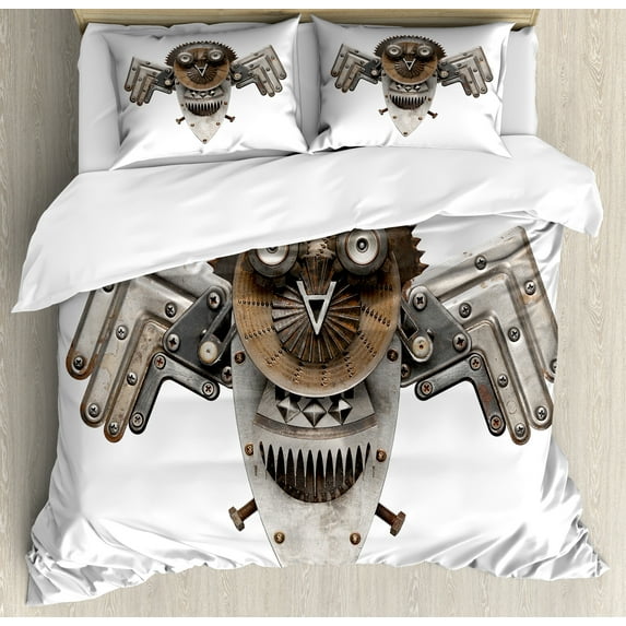 Ambesonne Industrial Duvet Cover Sets, Owl, 2-Queen, Grey White Brown