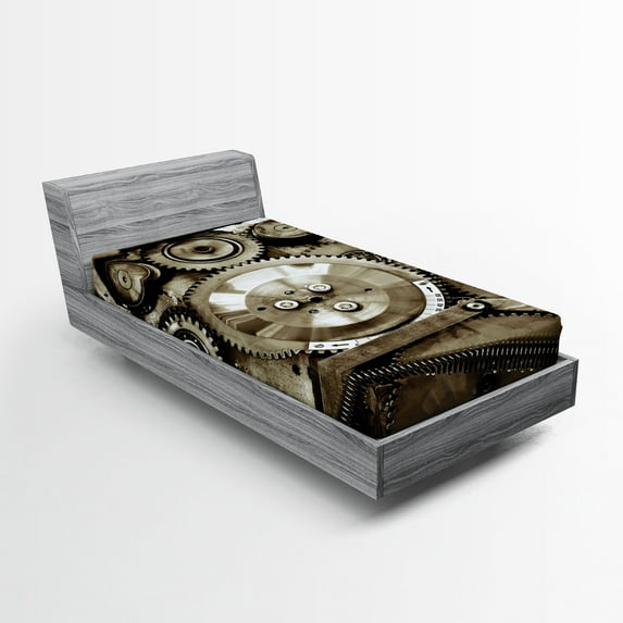 Ambesonne Industrial Fitted Sheet, Aged Gears, Twin Size, Sepia