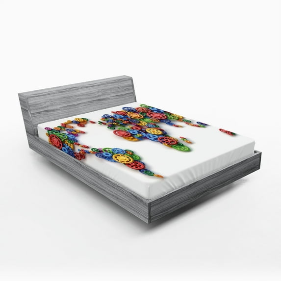 Ambesonne Industrial Fitted Sheet, Gear Map Art, Full Size, Multicolor