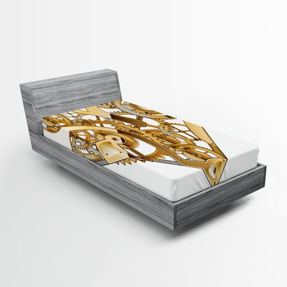 Ambesonne Industrial Fitted Sheet, Mechanical Love Tech, Twin Size, Pale Brown White