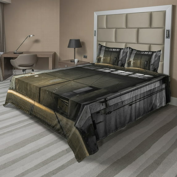 Ambesonne Industrial Fitted & Top Sheet Set with Shams, Broken Rusty Door, Grey Brown