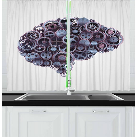 Ambesonne Industrial Kitchen Curtains, Mechanic Wheel Brain, 55"x39", Charcoal Grey