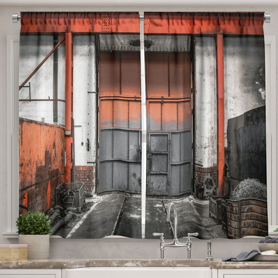 Ambesonne Industrial Kitchen Curtains, Old Door Entrance Scene, 55"x39", Orange White and Grey