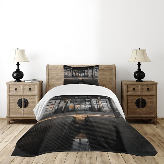 Ambesonne Industrial Quilted Bedspread Set 2 Pcs, Derelict Place, Twin Size, Multicolor