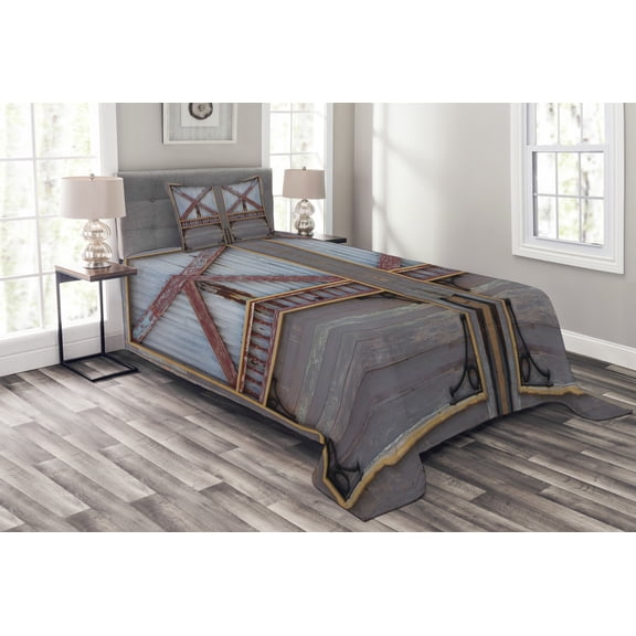 Ambesonne Industrial Quilted Bedspread Set 2 Pcs, Wooden Window Plank, Twin Size, Brown and Grey