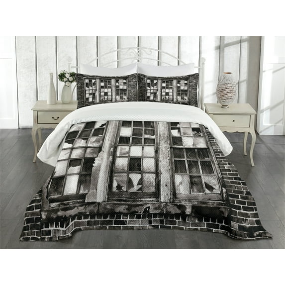 Ambesonne Industrial Quilted Bedspread Set 3 Pcs, Broken Window, Queen Size, Charcoal Grey Pale Grey