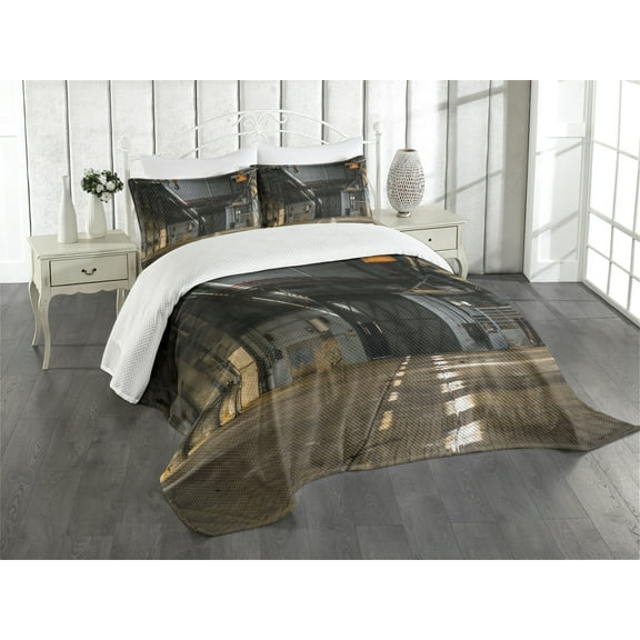 Ambesonne Industrial Quilted Bedspread Set 3 Pcs, Dark Interior, Queen Size, Multicolor