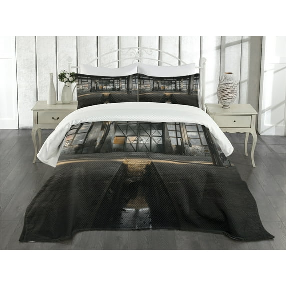 Ambesonne Industrial Quilted Bedspread Set 3 Pcs, Derelict Place, King Size, Multicolor