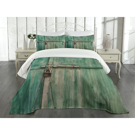 Ambesonne Industrial Quilted Bedspread Set 3 Pcs, Old Closed Door, King Size, Green Brown