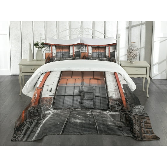 Ambesonne Industrial Quilted Bedspread Set 3 Pcs, Old Door Entrance Scene, Queen Size, Orange White and Grey