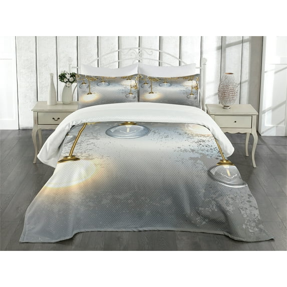 Ambesonne Industrial Quilted Bedspread Set 3 Pcs, Steampunk Antique, King Size, Yellow Grey White
