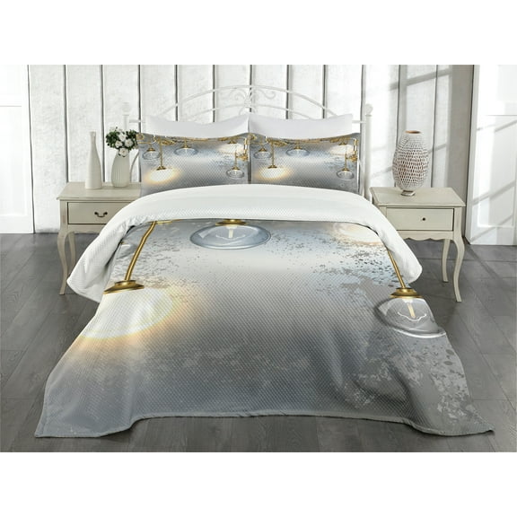 Ambesonne Industrial Quilted Bedspread Set 3 Pcs, Steampunk Antique, Queen Size, Yellow Grey White