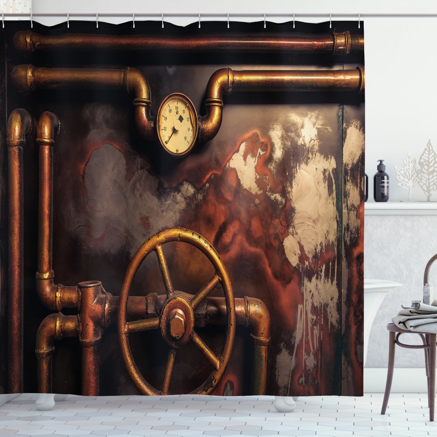 Industrial Dark Orange Umber Fabric Shower Curtain with Hooks