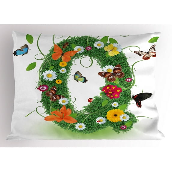 Ambesonne Initial Q Pillow Sham, Summer Alphabet Butterfly, 26" X 20", Multicolor