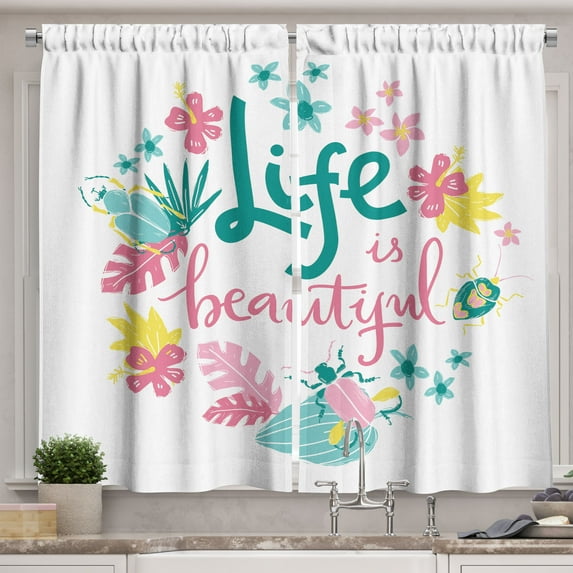 Ambesonne Insects Kitchen Curtains, Floral Life Nature, 55"x36", Pastel Pink Teal
