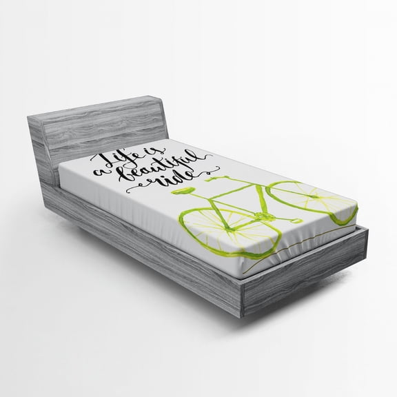 Ambesonne Inspirational Fitted Sheet, Life is a Bike Ride, Twin Size, Green Black