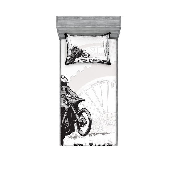Ambesonne Inspirational Fitted Sheet & Pillow Sham Set, Motocross Racer, Twin, Black White