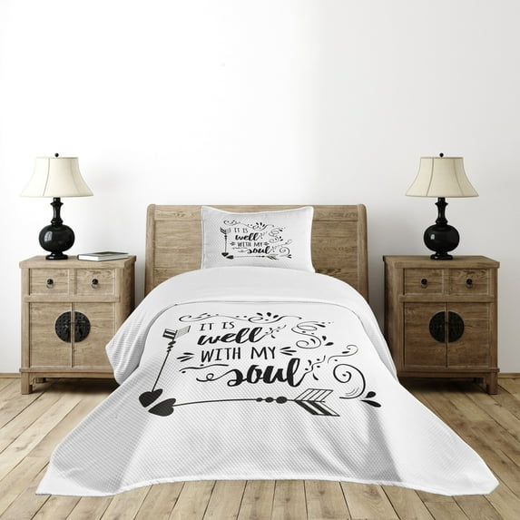 Ambesonne Inspirational Quilted Bedspread Set 2 Pcs, Tribal Ornaments Word, Twin Size, Black White