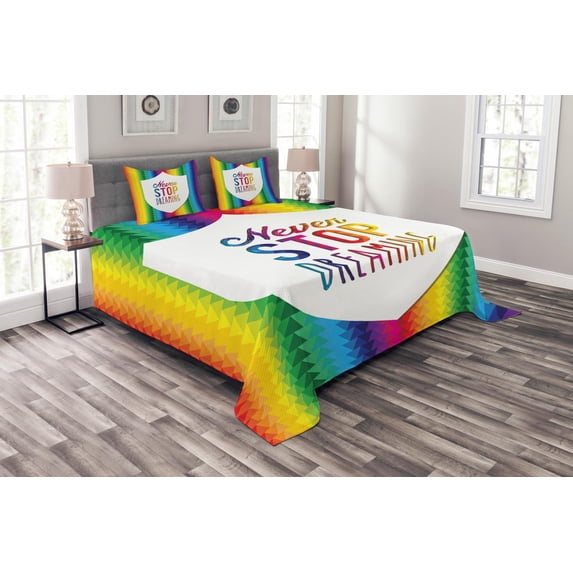 Ambesonne Inspirational Quilted Bedspread Set 3 Pcs, Rainbow Words, Queen Size, Multicolor