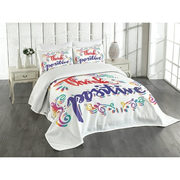Ambesonne Inspirational Quilted Bedspread Set 3 Pcs, Think Positive, Queen Size, Multicolor