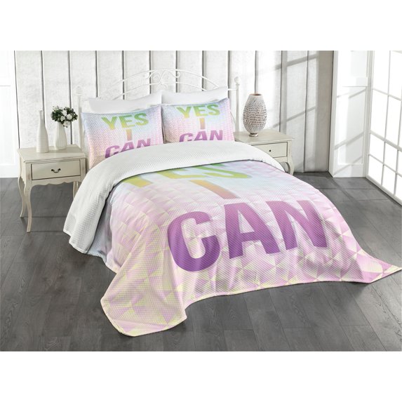 Ambesonne Inspirational Quilted Bedspread Set 3 Pcs, Yes I Can Words, King Size, Multicolor
