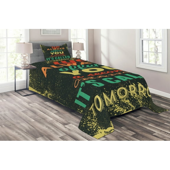 Ambesonne Inspirational Quilted Coverlet 2 Pcs, Words Grunge Art, Twin Size, Green Yellow