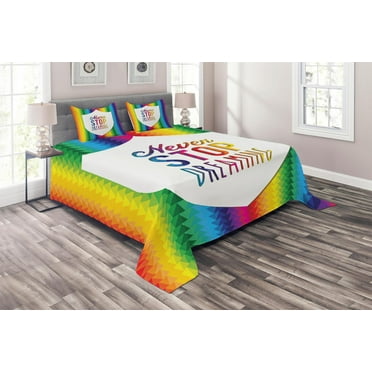 Ambesonne Inspirational Quilted Coverlet 3 Pcs, Rainbow Words, King Size, Multicolor