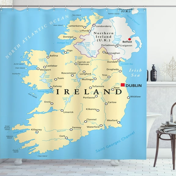 Ambesonne Ireland Map Shower Curtain, High-Detailed Mapping, 69"Wx84"L, Deep Sky Blue Multicolor