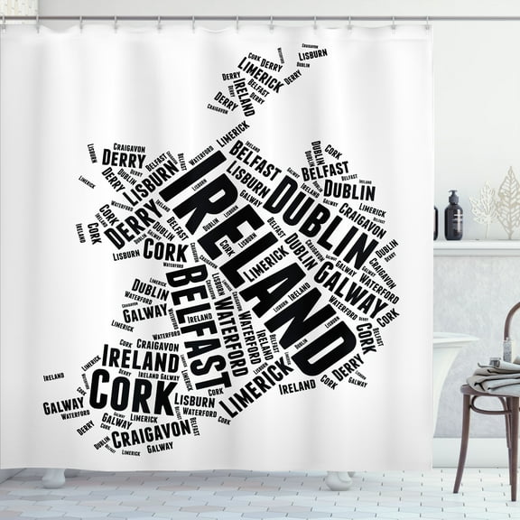 Ambesonne Ireland Map Shower Curtain, Modern City Names Theme, 69"Wx75"L, Charcoal Grey and White