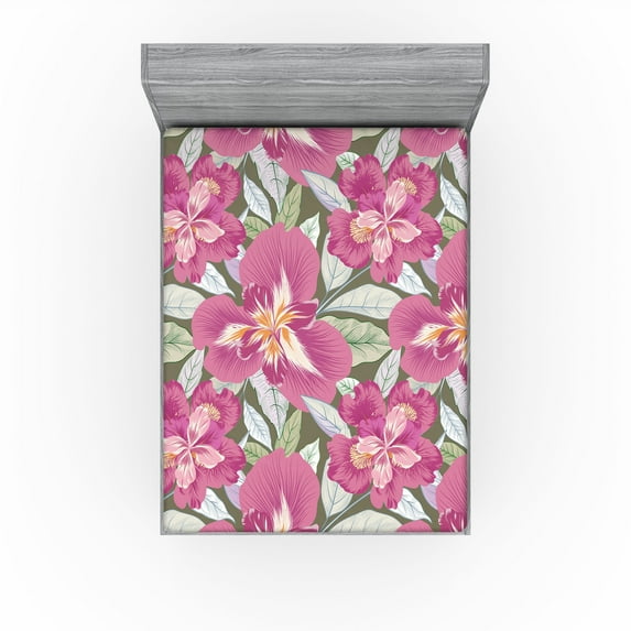 Ambesonne Iris Flowers Fitted Sheet, Dreamy Tropical Scene, King Size, Pastel Pink Pale Green