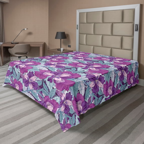 Ambesonne Iris Flowers Flat Bedding Sheet Soft Top Sheet, Trippy Design Flowers, California King, Cadet Blue Purple