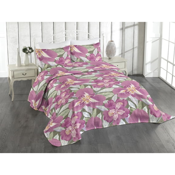 Ambesonne Iris Flowers Quilted Coverlet 3 Pcs, Dreamy Tropical Scene, King Size, Pastel Pink Pale Green