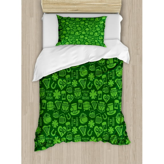 Ambesonne Irish Duvet Cover Set, Kiss Me I'm Irish Humor, Twin, Lime Green Green