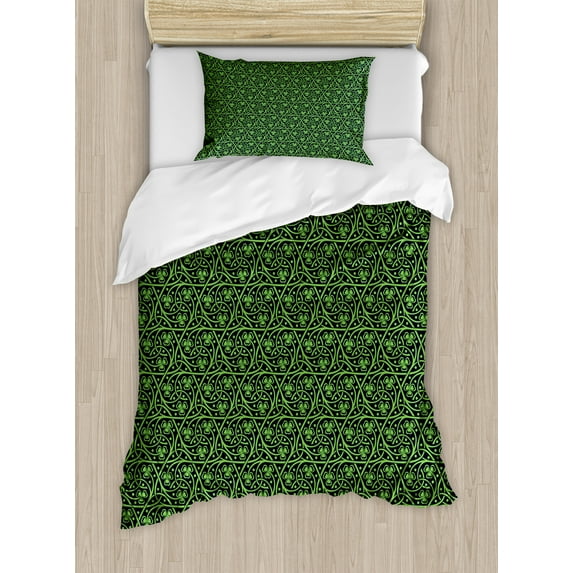 Ambesonne Irish Duvet Cover Sets, Intricate Clover Twigs, 2-Twin, Black Lime Green