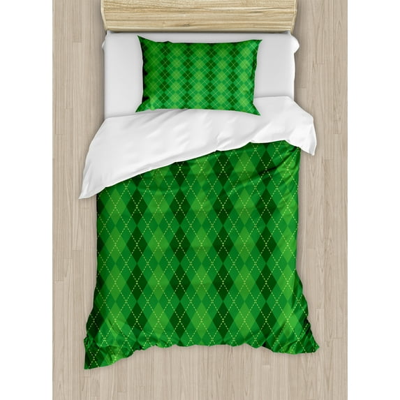 Ambesonne Irish Duvet Cover Sets, Tartan Inspired Plaid, 2-Twin, Green Dark Green Yellow