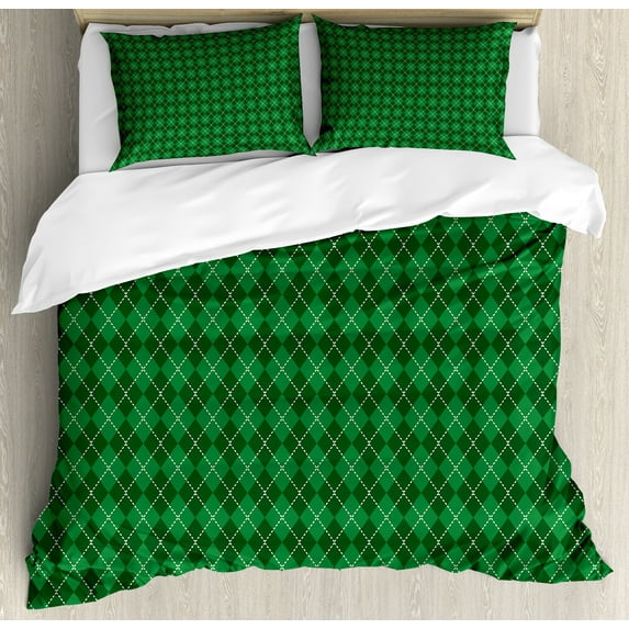 Ambesonne Irish Duvet Cover Sets, Vintage Argyle Tartan, 2-Queen, Green Dark Green White