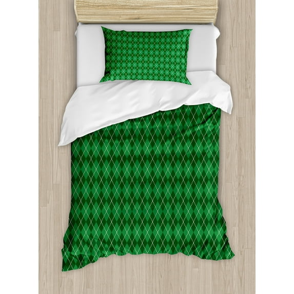 Ambesonne Irish Duvet Cover Sets, Vintage Argyle Tartan, 2-Twin, Green Dark Green White