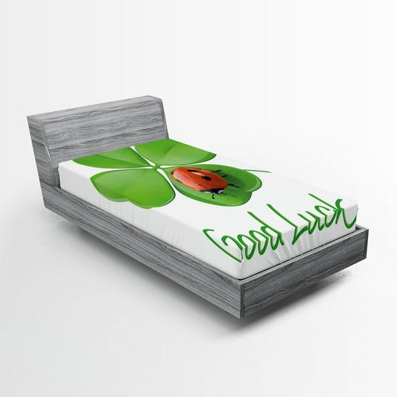 Ambesonne Irish Fitted Sheet, Clover Ladybug, Twin Size, Black Green and Red
