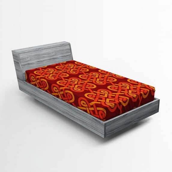 Ambesonne Irish Fitted Sheet, Old Pattern Celtic Knot, Twin Size, Red Orange