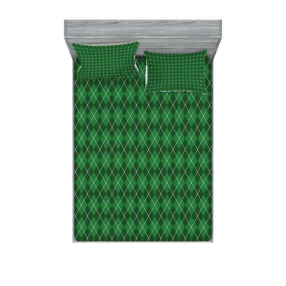 Ambesonne Irish Fitted Sheet & Pillow Sham Set, Vintage Argyle Tartan, King, Green Dark Green White