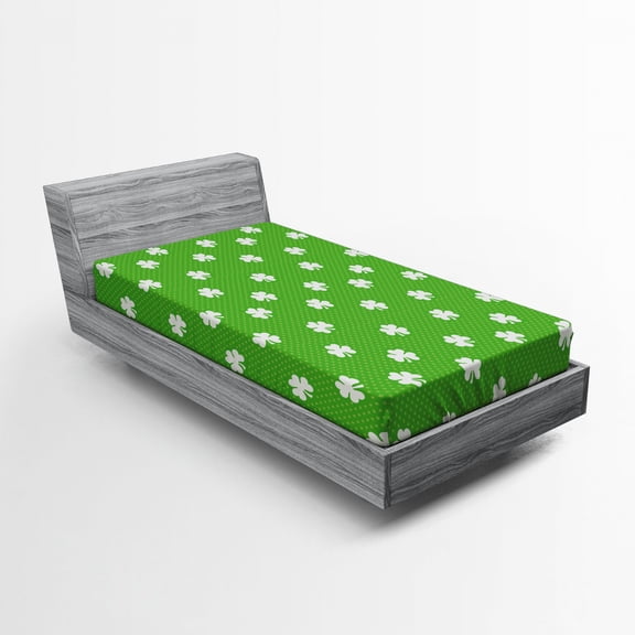 Ambesonne Irish Fitted Sheet, Polka Dots and Shamrocks, Twin XL Size, Lime Green White