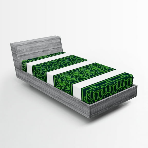 Ambesonne Irish Fitted Sheet, Shamrock Borders Art, Twin XL Size, Forest Green White