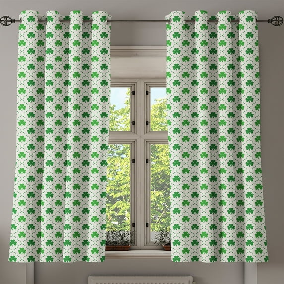 Ambesonne Irish Grommet Curtain, 4 Leaf Shamrock Dots, 50" x 54", White Green