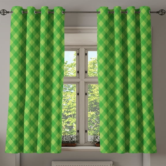 Ambesonne Irish Grommet Curtain, Retro Green Checkered, 50" x 63", Green Lime Green